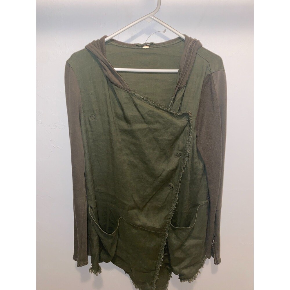 Free People Women's M Asymmetrical Olive Green Snap Button Closure Hoodie Pocket